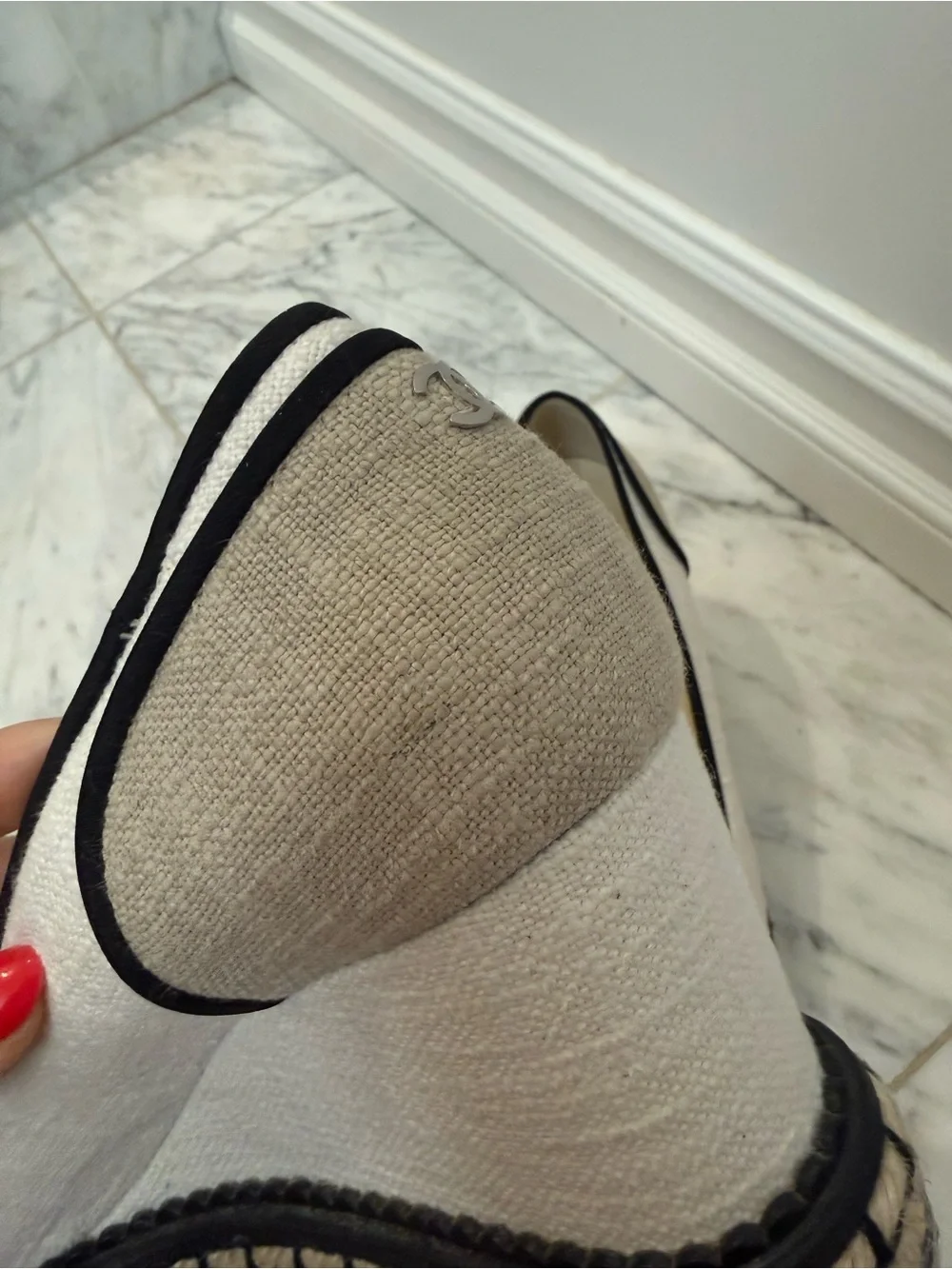 CHANEL Beige and Black Canvas Espadrille Wedge Shoes